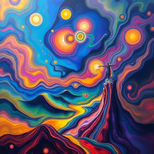 abstract forms, surrealism, vibrant colors, Salvador Dalí, fluid dynamics, dreamlike landscapes, opalescent textures, contemporary fantasy, soft gradients, enigmatic symbolism, ethereal glow, imaginative horizons, otherworldly elements, emotional depth, intricate details, layered meanings, visual poetry, artistic flow, transcendence of reality