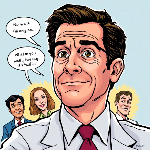 Michael Scott, vibrant colors, humorous expression, dynamic composition, satirical tone, exaggerated features, playful mood, pop art style, witty dialogue, sketch-like outlines, character-centric, The Office, TV sitcom influences, ensemble cast, mockumentary style, everyday life, quirky dynamics, cultural phenomenon, Steve Carell, Dunder Mifflin, office antics, relatable humor, expressive line work, sequential art story, Americana, iconic moments, lighthearted ambiance, dynamic poses, Jim Halpert, Pam Beesly, Dwight Schrute, comedic timing, vibrant palette, cartoonish exaggeration, narrative humor, character-centric atmosphere