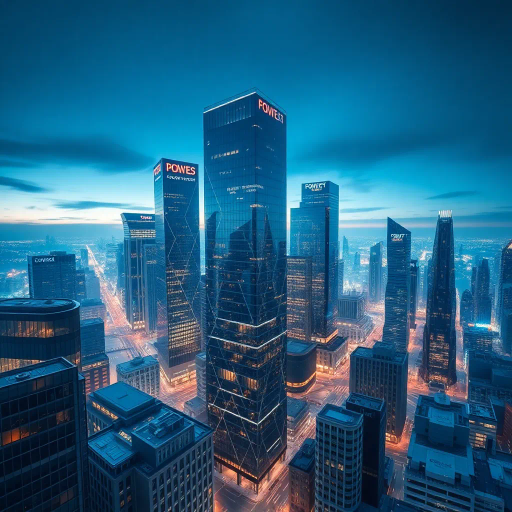 futuristic skyline, corporate headquarters, sleek architecture, glass facades, bustling cityscape, dynamic movement, Edward Hopper, modernism, ambient lighting, high contrast, metallic textures, urban atmosphere, conceptual symbolism, technological innovation, high detail, aerial perspective, strategic composition, blue and gray palette, professional mood, global influence, innovative design, linear perspective, digital rendering, urban planning, high-tech environment, post-modern influence