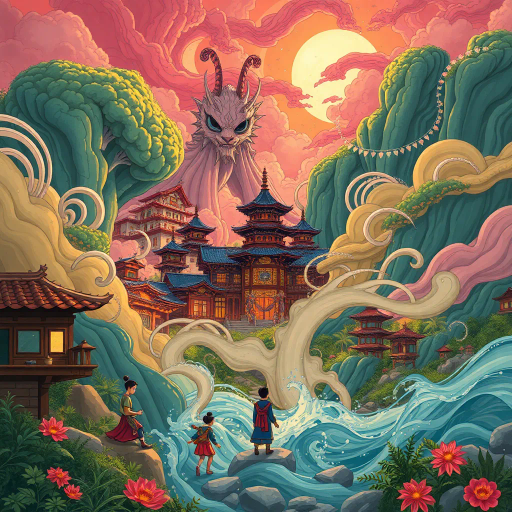 vibrant colors, dynamic composition, Studio Ghibli inspiration, detailed environments, expressive character designs, emotional depth, fantastical themes, cultural motifs, fluid motion, nostalgic atmosphere, distinctive line art, otherworldly settings, intricate detailing, magical realism, retro-futuristic elements, storytelling focus, character-driven narrative, visual storytelling, imaginative landscapes, enchanting creatures