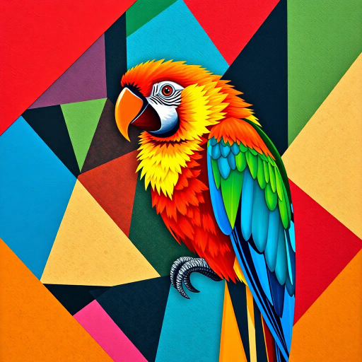 vivid parrot, geometric patterns, vibrant colors, cubism influences, Pablo Picasso, dynamic composition, abstract shapes, bold lines, tropical elements, fragmented forms, symmetry and asymmetry, kinetic motion, bright feathers, environmental textures, modernist twist, lively expression, angular perspectives, intense hues, cultural symbolism, contemporary framing