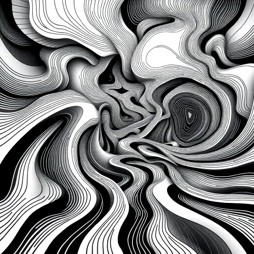 geometric shapes, intricate patterns, flowing lines, abstract expression, monochrome palette, dynamic movement, M.C. Escher influence, precise detailing, linear perspective, visual harmony, spatial depth, surreal geometry, optical illusions, mathematical precision, avant-garde composition, Escherian landscapes, black and white contrast, intersecting lines, detailed tessellation, fluid dynamics, rhythmic patterns, visual paradox, complex symmetry, creative geometry, fine linework, subtle gradients, modern abstraction, intricate symbology, artistic innovation, infinite loops, artistic paradox, Escheresque illusions, visual enigma, artistic contemplation