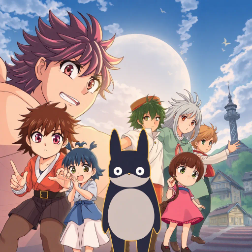 vibrant anime characters, Studio Ghibli influence, dynamic action poses, pastel color palette, expressive eyes, intricate hairstyles, dramatic lighting, manga-inspired linework, fantastical settings, Japanese culture, modern twist, whimsical storytelling, emotional depth, cel shading, bold outlines, serene landscapes, traditional animation techniques, contemporary urban environments
