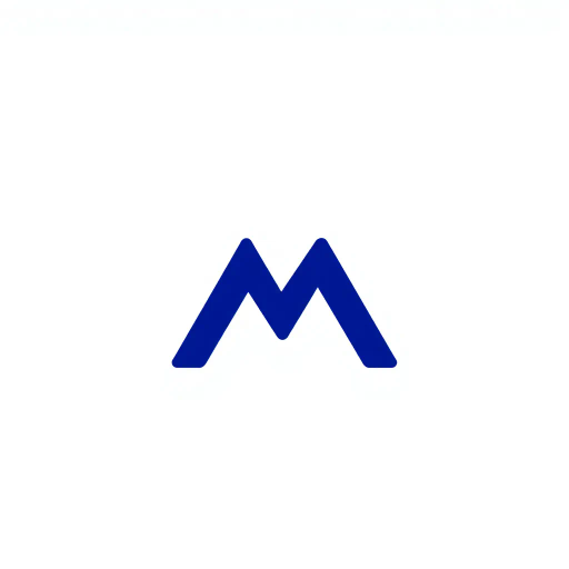 minimal M logo, two vertical strokes, perspective convergence, depth, hierarchy, solid indigo blue, geometric structure, modern tech design, flat vector illustration, clean lines, white background, contemporary aesthetics, precision, symmetry, balance, futuristic approach, sleek elegance, simplicity, innovation, dynamic form, visual impact