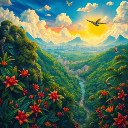 vivid rainforests, carnival atmosphere, vibrant colors, intricate details, lush foliage, rich cultural heritage, magical realism, Brazilian landscape, surreal clouds, tropical wildlife, Henri Rousseau influence, rhythmic movement, radiant sunlight, festive mood, intricate patterns, exotic birds, mythical elements, celebratory spirit, tropical flora, samba rhythm, enchanting scenery, sprawling cityscapes, modernist architecture, cultural fusion, vibrant street art, Copacabana beach, panoramic views, rich biodiversity, Botero-inspired figures, expressive brushstrokes, Amazon River, joyous atmosphere, Tarsila do Amaral, Jorge Selarón, Carmen Miranda, exuberant colors, dynamic samba dancers, vivid patterns, indigenous art, Afro-Brazilian heritage, bold compositions, fluid movement, warmth and energy, sunlit landscapes, urban diversity, festive atmosphere, contemporary influences, chromatic brilliance, rich cultural tapestry, surrealism, tropical hues, lively street scenes, atmospheric perspective, whimsical elements, mystical atmosphere, fantastical landscapes, tropical flora and fauna