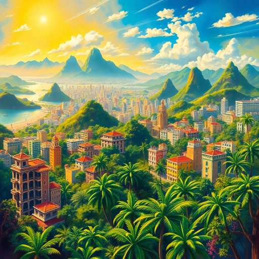 vibrant rainforest, sprawling cityscapes, Rio Carnival celebration, modernist architecture, Tarsila do Amaral, tropical paradise, lush landscapes, Samba rhythm, vivid color palettes, dynamic movement, cultural fusion, vibrant street art, warm sunlight, Copacabana beach, panoramic views, rich biodiversity, Botero-inspired figures, expressive brushstrokes, Amazon River, intricate textures, joyous atmosphere, cultural heritage, Henri Rousseau influence, energetic composition