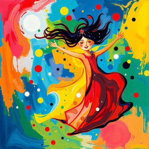 playful essence, dynamic movement, vivid colors, abstract forms, fluid textures, expressionism, whimsical joy, Marc Chagall, surrealism, dreamscape, vibrant light, ethereal atmosphere, childlike wonder, geometric shapes, emotional resonance, imaginative, lively composition, modern interpretation, abstract representation, cultural nuances, fluidity