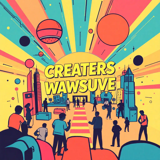 futuristic, innovative design, creators showcase, dynamic composition, engaging, playful typography, Bauhaus influences, vibrant color palette, geometric abstraction, collaborative energy, contemporary illustration, community spirit, bold lines, creative expression, digital media, interactive elements, expressive, modern aesthetics, storytelling, artistic flair