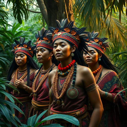 indigenous culture, intricate patterns, traditional attire, rainforest, vibrant colors, flowing movements, rich history, harmony with nature, Rembrandt lighting, detailed textiles, cultural heritage, community, serene expressions, anthropological inspiration, warm earth tones, storytelling, deep greens, immersive environment, realism, symbolic elements, cultural narratives, spiritual connection, intricate compositions, lush backgrounds, legacy representation, delicately crafted, human connection