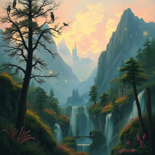enchanted forest, mystical mountains, Arthur Rackham, J.R.R. Tolkien, vibrant hues, ethereal glow, surreal elements, whimsical ambience, imaginative creatures, rich texture, luminous light, dreamlike setting, intricate patterns, magical realism, cascading waterfalls, ancient trees, airy atmosphere, vibrant flora, mythical beings, pastel skies, layered depth, painterly technique, atmospheric perspective, enchanted twilight, timeless wonder, mythical landscape, epic scale, medieval castles, enchanted creatures, surreal geometry, mystical aura, fairytale whimsy, enchanted realm, timeless beauty, storytelling elements, imaginative vistas, soft light, detailed foliage, fantasy realism, painterly textures, rich history, cultural mythology, adventure and wonder