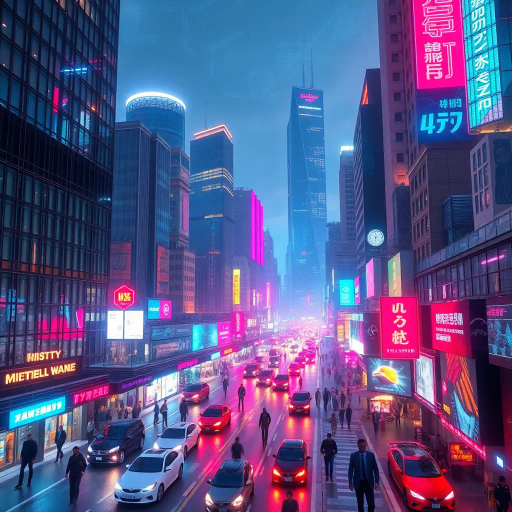 futuristic metropolis, skyscrapers, bustling streets, dynamic movement, neon lights, technological advancement, cyberpunk aesthetic, strategic planning, diverse cultures, innovation, high-tech architecture, night cityscape, vibrant energy, corporate power, networking, global influence, digital connectivity, urban landscape, visionary leaders, business attire, synergy, economic growth, vibrant hues, digital luminescence, cybernetic textures, Blade Runner inspiration, optical lens flares, holographic projections, virtual reality layers, kinetic composition, dystopian undertones, bold contrasts, reflective surfaces, urban jungle