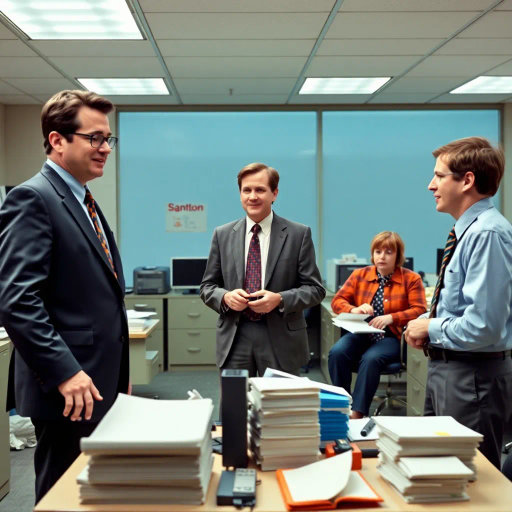 satirical, workplace comedy, 2000s television, vibrant characters, humorous interactions, Michael Scott, Jim Halpert, Dwight Schrute, sardonic wit, office dynamics, banter, mundane setting, Scranton, paper company, unconventional storytelling, ensemble cast, mockumentary style, Steve Carell, quirky relationships, deadpan humor, varied personalities, narrative arcs, expressive body language, exaggerated emotions, bright lighting, cheerful ambiance, subtle social commentary, scenographic composition