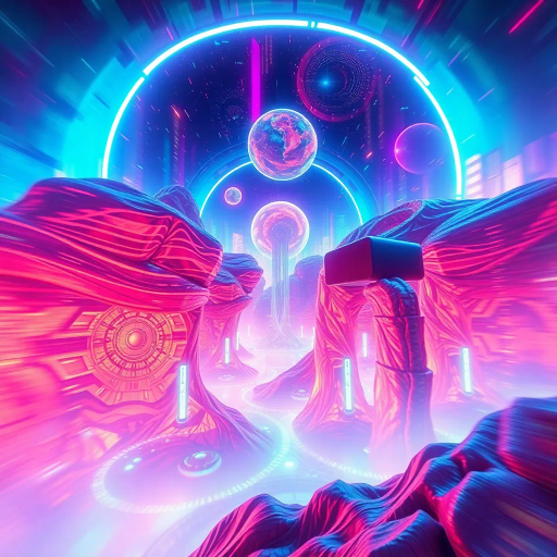 virtual reality, immersive landscape, surreal environments, vibrant colors, neon lights, futuristic cityscape, dynamic movement, hyper-realistic textures, holographic displays, cybernetic organisms, digital brushstrokes, ethereal glow, interactive installations, visual futurism, flow of technology, alternate realities, augmented layers, sci-fi narrative, high-tech architecture, panoramic vistas, luminescent hues