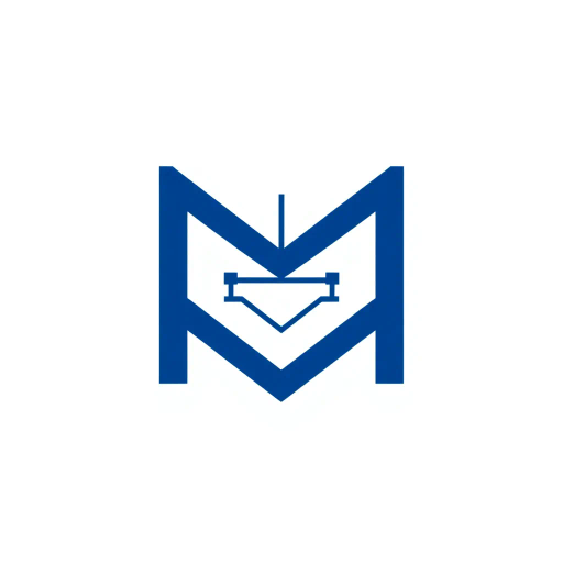 minimalism, bold letter M, geometric abstraction, solid form, small V-shaped connectors, branching tree structure, hierarchies, indigo blue, flat vector design, clean modern aesthetic, SaaS branding, white background, Bauhaus influence, contemporary graphic design, clean lines, precision, balance and symmetry, corporate identity, abstract symbolism, visual clarity