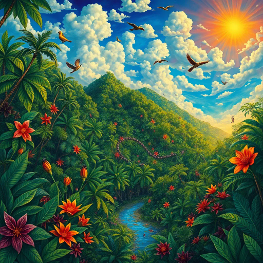 vivid rainforests, carnival atmosphere, vibrant colors, intricate details, lush foliage, rich cultural heritage, magical realism, Brazilian landscape, surreal clouds, tropical wildlife, Henri Rousseau influence, rhythmic movement, radiant sunlight, festive mood, intricate patterns, exotic birds, mythical elements, celebratory spirit, tropical flora, samba rhythm, enchanting scenery