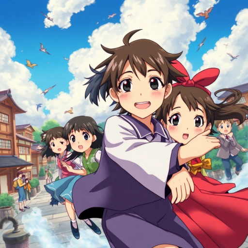 vibrant colors, dynamic action, intricate backgrounds, Studio Ghibli influence, narrative depth, whimsical characters, Japanese culture, expressive faces, fantasy adventure, emotional storytelling, traditional animation, manga aesthetics, lively environment, detailed costumes, cultural motifs, fluid motion, Harajuku fashion, melodic themes, light-hearted humor, ethereal landscapes