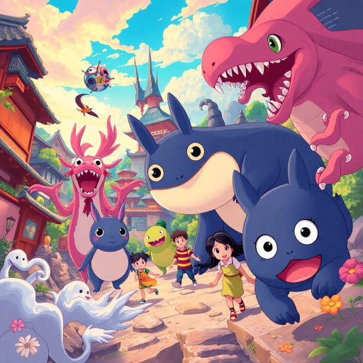 vibrant, Studio Ghibli, dynamic movement, bright colors, cel shading, whimsical, fantastical creatures, Japanese culture, expressive characters, large eyes, detailed scenery, storytelling, emotion-filled, Miyazaki-esque, surreal worlds, imaginative, youthful energy, modern twists, visual storytelling, romanticism, enchanting landscapes, cultural motifs, bold outlines