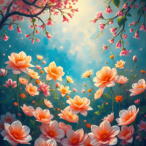 vibrant florals, surreal blooms, ethereal garden, Claude Monet, dreamlike atmosphere, luminous petals, soft pastels, Art Nouveau, mystical springtime, enchanted landscape, luminous glow, delicate brushstrokes, layered textures, intricate details, mythical fauna, whimsical elegance, organic forms, serene nature, iridescent highlights, immersive scenery, floral harmony, fantasy essence, tranquil ambiance, delicate hues, golden hour lighting, artistic intricacy, timeless beauty, vibrant elegance, surreal undertones, dreamscape whimsy, enchanting allure, poetic nature, contemporary flair