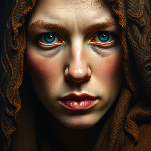 hyper-realistic portrayal, detailed textures, chiaroscuro lighting, vibrant and muted color palette, emotional depth, large scale framing, Renaissance influence, lifelike representation, dramatic composition, John Singer Sargent, Vermeer influences, vivid realism, intricate patterns, timeless atmosphere, focus on facial expressions, subtle brushwork, three-dimensional depth, intimate perspective, storytelling elements, realistic textures, meticulous detail