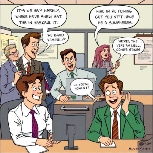 satirical workplace dynamics, humorous situations, colorful characters, Jim Halpert, Pam Beesly, mockumentary style, lively banter, office antics, playful tone, exaggerated expressions, narrative humor, corporate setting, vibrant palette, dynamic panels, exaggerated scenarios, comedic timing, slice of life, workplace comedy, Michael Scott, sitcom classic, Roy Lichtenstein influence, pop art aesthetic