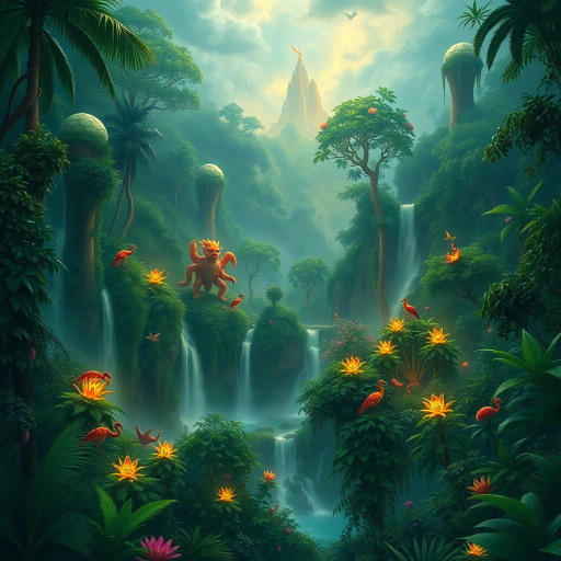 lush rainforest, rich biodiversity, vivid greens, cascading waterfalls, bioluminescent plants, ethereal light, vibrant wildlife, harmonious ecosystem, surreal landscape, mythical creatures, enchanted forest, atmospheric skies, vivid imagination, Henri Rousseau, magical realism, intricate details, tropical paradise, verdant canopy, mystical ambiance, panoramic view