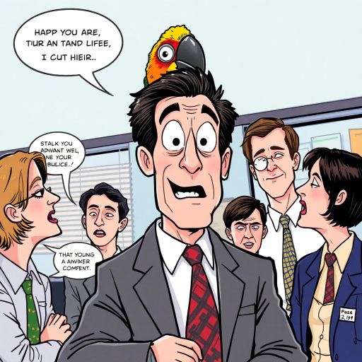 Michael Scott, colorful parrot, vibrant colors, humorous expression, dynamic composition, satirical tone, exaggerated features, playful mood, pop art style, witty dialogue, The Office, ensemble cast, mockumentary style, quirky everyday life, character dynamics, cultural phenomenon, Steve Carell, Dunder Mifflin, paper company, office antics, relatable humor, expressive line work, sequential art story, americana, narrative humor, iconic moments, lighthearted ambiance, dynamic poses, Jim Halpert, Pam Beesly, Dwight Schrute, vibrant personalities, comedic timing, sketch-like outlines, cartoonish exaggeration, character-centric atmosphere, tv sitcom influences, work environment, subtle irony, office supplies, narrative humor, workplace relationships, deadpan expression, cultural phenomenon, office antics, humor-driven narratives