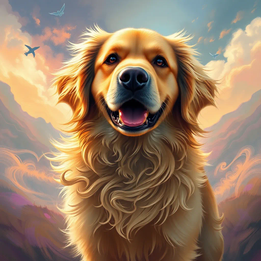 golden retriever, vibrant colors, whimsical atmosphere, baroque influences, chiaroscuro lighting, dynamic composition, textured fur, abstract backdrop, playful mood, surrealism, intricate details, soft pastels, ethereal glow, surreal landscape, flowing motion, Renaissance elements, detailed fur patterns, idyllic scenery, joyful expression, luminous highlights, digital painting, art nouveau curves, whimsical spirit