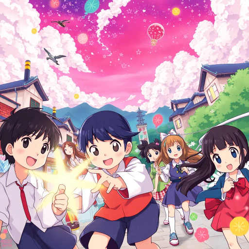 vibrant colors, dynamic action, intricate backgrounds, Studio Ghibli influence, narrative depth, whimsical characters, Japanese culture, expressive faces, fantasy adventure, emotional storytelling, traditional animation, manga aesthetics, lively environment, detailed costumes, cultural motifs, fluid motion, Harajuku fashion, melodic themes, light-hearted humor, ethereal landscapes