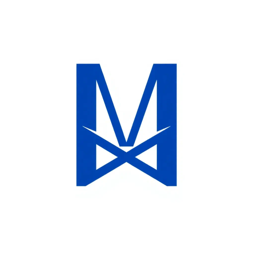 minimal M logo, perspective convergence, solid indigo blue, geometric structure, modern tech design, Bauhaus influences, clean lines, symmetry, contemporary aesthetics, spatial innovation, futurism, precision, abstraction, innovative branding, structural elegance, dynamic form, visual impact, sleek elegance, simplicity, visual harmony, balanced composition, spatial depth, two vertical strokes, flat vector illustration, high-tech minimalism, technological sophistication, modernist aesthetic, avant-garde, white background, artistic elegance