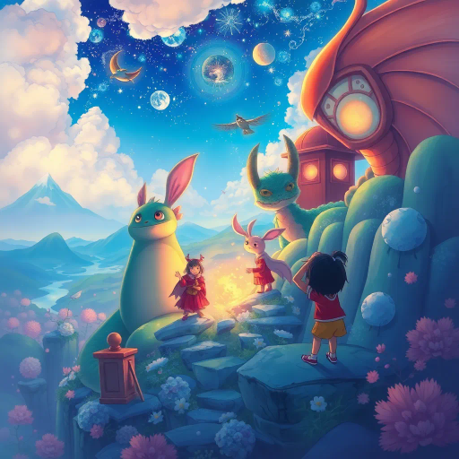magical realism, vibrant colors, Studio Ghibli influence, fantastical creatures, serene landscapes, dynamic action, whimsical characters, high detail, emotional depth, Miyazaki style, enchanting worlds, youthful adventure, celestial elements, soft gradients, expressive eyes, intricate line work, fairy-tale atmosphere, cultural symbolism, ethereal lighting, narrative richness, dreamlike quality