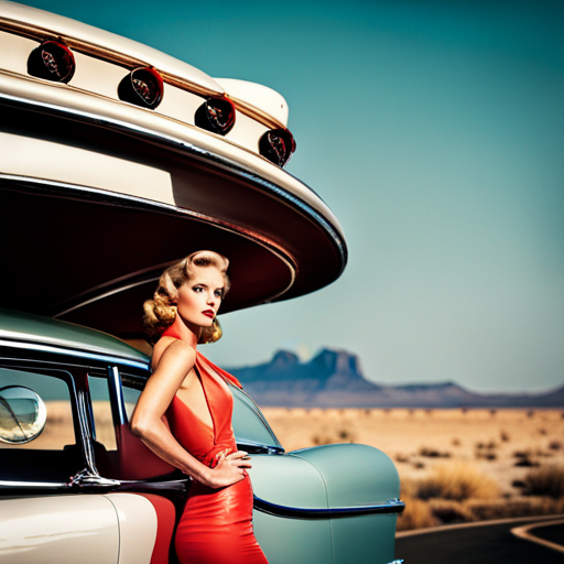 Vintage automobiles, mid-century modern design, chrome accents, monochromatic tones, leather interiors, drive-in theaters, Route 66, Hollywood stars, road trips, gas guzzlers, nostalgia, 50's era, fins, Detroit, American muscle, classic lines, iconic, timeless design, retro, horsepower, tail lights, shiny, sleek, car shows, restored, history, craftsmanship