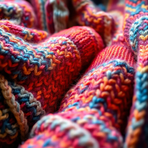 cozy woolen socks, textured fabric, warm hues, abstract patterns, intricate knitting, soft fibers, comfort and warmth, playful colors, vibrant design, homey atmosphere, Van Gogh inspired, impressionism, dynamic brushstrokes, bold outlines, surreal twist, homely touch, gentle gradients, artistic flair, Leo Villareal influences, illuminated highlights, fabric realism, detailed close-up