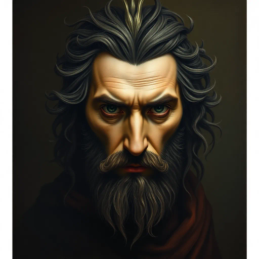 majestic portrait, enigmatic character, Johann Heinrich Füssli influence, chiaroscuro lighting, muted color palette, intricate textures, introspective mood, Renaissance era, dynamic pose, mythical symbolism, emotional depth, surreal elements, timeless contemplation, golden ratio composition, oil painting imitation, detailed facial expressions, dramatic shadows, ethereal atmosphere, introspective gaze, layered brushstrokes, historical influence, evocative storytelling, painterly quality