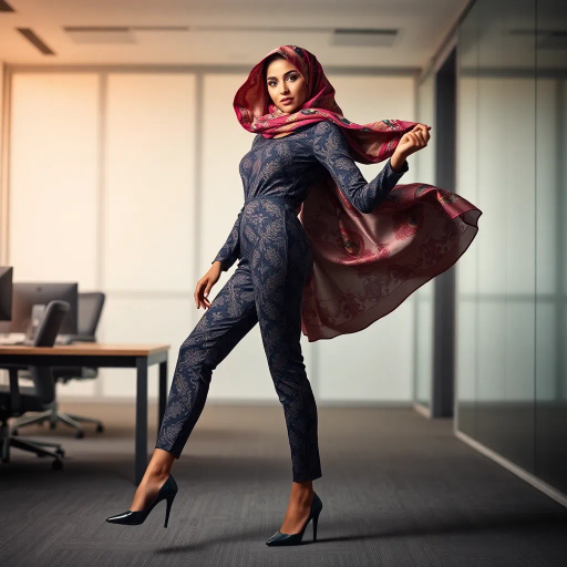 Arab woman, elegant hijab, professional setting, modern workplace, high heels, Middle Eastern culture, contemporary art, intricate patterns, vibrant colors, soft lighting, dynamic pose, cultural expression, delicate fabrics, office environment, confident demeanor, sophisticated fashion, grace and poise, diverse representation, cultural fusion, empowerment, modernism, Impressionism influences, human form, balance and harmony, Jean-Michel Basquiat inspiration, vibrant brushstrokes, Henri Matisse color palette, delicate textures, fluid movement, artistic elegance, cultural symbolism, refined composition, elegance and sophistication, bold patterns