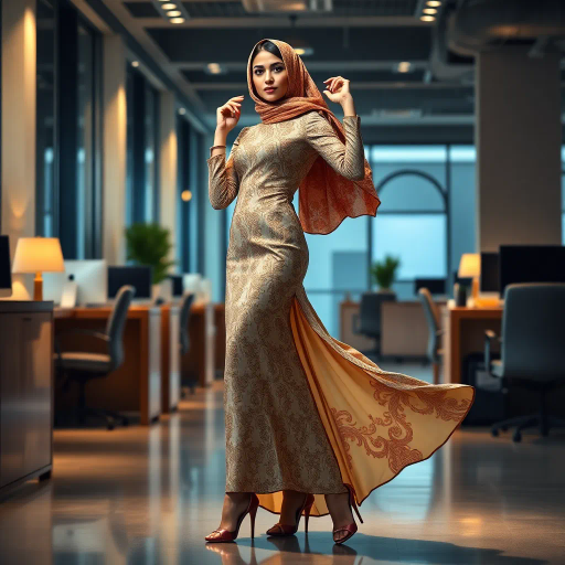 elegant Arab woman, professional attire, hijab, modern workplace, high heels, contrasting cultural fusion, vibrant Middle Eastern influences, contemporary art style, dynamic composition, intricate patterns, vibrant color palette, soft ambient lighting, dynamic posing, cultural expression, delicate textiles, confident and empowering presence, grace, poise, diverse representation, fusion of modern and traditional elements, Impressionism influences, human form depiction, advanced digital techniques, refined textures, bold symbolism, artistic influences, balance, harmony, surreal lighting, empowered femininity, Gustav Klimt inspiration, Art Nouveau elegance, intricate detailing, cultural narrative, sophisticated sophistication, modernism, representation and empowerment