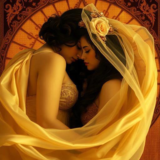 sensual expressionism, Gustav Klimt influence, Art Nouveau flourishes, warm sepia tones, intimate vignette, soft light caress, luxurious textures, flowing satin, romantic allure, dreamlike ambiance, ethereal forms, intricate patterns, delicate line work, intimate scale, passionate intensity, ornate embellishments, cultural tapestry, emotive gaze, gilded accents, opulent tapestry, whispering hues, evocative moment, fantasy essence, imaginative realms, mythical elegance