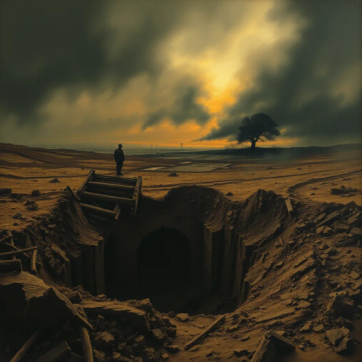 WW1 shell hole, haunting landscape, ruinous earth, trench war remnants, muddy textures, smoke-infused skies, somber atmosphere, historical echoes, dramatic chiaroscuro, war-torn memories, intricate details, Ernst Ludwig Kirchner influence, expressionist undertones, desolate expanse, juxtaposition of life and decay, symbolism of conflict, muted earth tones, organic compositions, narrative storytelling, ethereal light, ominous horizon, atmospheric perspective, reflective surfaces, cultural memory, evocative emotional depth, surreal lighting, imaginative textures, mystical aura, dreamlike wasteland, ghostly elements, vivid imagination, spectral presence, intricate storytelling, emotional resonance, forgotten history, painterly strokes