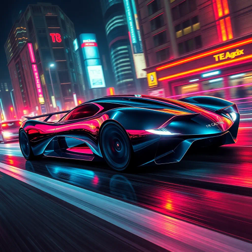 futuristic car design, H.R. Giger, sleek aerodynamics, cybernetic, neon lighting, vibrant hues, dynamic motion, digital painting, high gloss finish, dystopian city, night scene, chrome reflections, smooth curves, kinetic energy, dramatic angle, urban landscape, science fiction, enhanced reality, modern aesthetics, cultural fusion, conceptual innovation