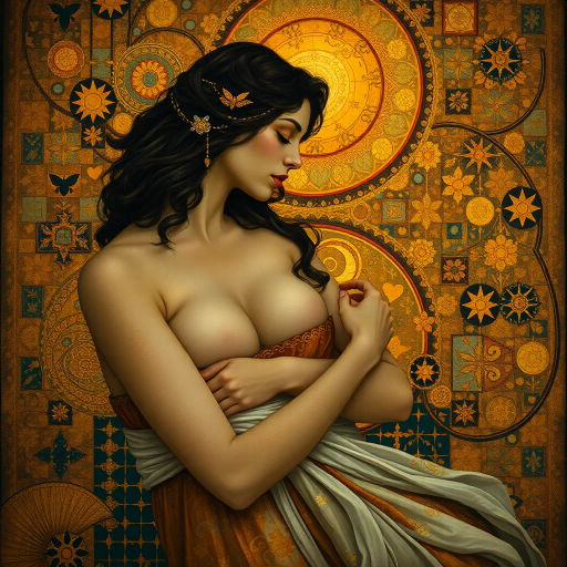 Gustav Klimt, art nouveau, sensuality, gold leaf, intricate patterns, ethereal glow, romantic allure, rich tapestries, flowing fabrics, elongated forms, emotional intensity, intimate moments, lush environments, vibrant palettes, delicate lines, allegorical meaning, dreamlike atmosphere, baroque influences, warm tones, skin textures, evocative narratives, mysterious allure, opulent details, timeless elegance, visual poetry, captivating presence, fantasy realism, opalescent surfaces, fluid dynamics, surreal landscapes, luminous highlights, ornate motifs, mythical creatures, celestial elements, enchanting fantasies, historical reverence, transcendent beauty, harmonious compositions