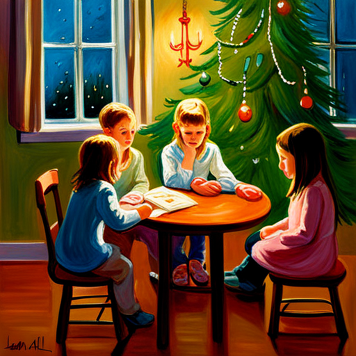 children, table, christmas tree, Laura Muntz Lyall, fine art, cgsociety, american impressionism, impressionism, oil on canvas, detailed painting, vibrant colors, soft lighting, nostalgic atmosphere, brushwork, holiday spirit