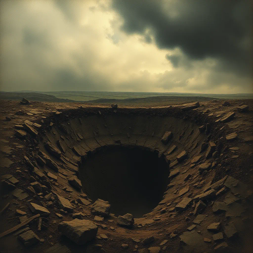 WW1 shell hole, haunting landscape, ruinous earth, trench war remnants, muddy textures, smoke-infused skies, somber atmosphere, historical echoes, dramatic chiaroscuro, war-torn memories, intricate details, Ernst Ludwig Kirchner influence, expressionist undertones, desolate expanse, juxtaposition of life and decay, symbolism of conflict, muted earth tones, organic compositions, narrative storytelling, ethereal light, ominous horizon, atmospheric perspective, reflective surfaces, cultural memory, evocative emotional depth, surreal fantasy, vibrant contrasts, intangible realms, mystical undertones, narrative depth, conceptual vision, allegorical exploration, dreamlike visuals, expansive spatial dynamics