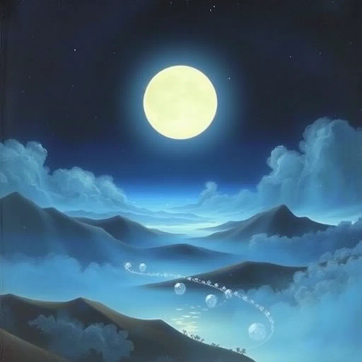 dreamscape, ethereal, tranquil, soft glow, surrealism, Salvador Dali, moonlit night, emotive, serene landscapes, velvety textures, delicate brushwork, whispers of stardust, midnight blues, nebulous forms, silent lullabies, imaginative realms, hushed tones, gentle ambiance, floating islands, mystical atmosphere, cosmic dreams, fluid movement, dreamy perspective, celestial bodies, infinite space, timelessness, escapism, soft gradients, cultural mythologies