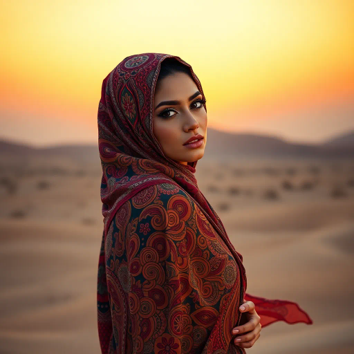 alluring Arab beauty, modern elegance, Henri Matisse inspiration, Yves Saint Laurent influence, vibrant colors, intricate patterns, exotic allure, cultural richness, flowing lines, warm tones, luxurious textures, sensual movement, harmonious composition, romantic ambiance, visual poetry, timeless grace, seductive composition, ethereal mood, desert oasis backdrop, golden hour lighting, chiaroscuro lighting, sleek silhouettes, feminine power, Middle Eastern influences, refined grace, dynamic posture, artistic flair, Arabic cultural motifs, captivating portraits, contemporary fashion, nuanced textures, artistic serenity, sophisticated minimalism, textured contrast, dynamic perspective, poised demeanor, artistic expression