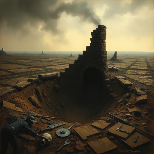 WW1 shell hole, haunting landscape, ruinous earth, trench war remnants, muddy textures, smoke-infused skies, somber atmosphere, historical echoes, dramatic chiaroscuro, war-torn memories, intricate details, Ernst Ludwig Kirchner influence, expressionist undertones, desolate expanse, juxtaposition of life and decay, symbolism of conflict, muted earth tones, organic compositions, narrative storytelling, ethereal light, ominous horizon, atmospheric perspective, reflective surfaces, cultural memory, evocative emotional depth, surreal essence, allegorical elements, timeless narrative, dreamlike ambiance, spectral imagery, painterly brushwork, intricate patterns, shadow play, phantom figures, echoes of history, sweeping vistas, mesmerizing gloom, spectral scenery