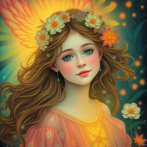 ethereal, young girl, vibrant colors, surrealism, luminous glow, intricate patterns, botanical elements, Alphonse Mucha, flowing hair, dreamlike state, pastel hues, gentle expression, whimsical atmosphere, soft gradients, delicate textures, Art Nouveau, nature-inspired, dynamic composition, ethereal beauty, imaginative aura, serene mood, mystical setting