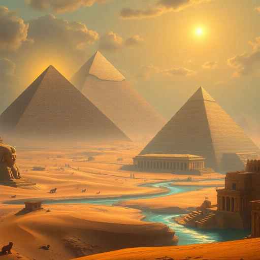 ancient Egypt, mystical landscapes, towering pyramids, sunlit desert sands, Jean-Léon Gérôme, hieroglyphic patterns, golden hour lighting, pharaohs and deities, intricate stone carvings, lush Nile River, mythical creatures, spiritual aura, flowing robes, Nefertiti-inspired elegance, grand temples, vibrant ochre and turquoise, historic depth, time-worn textures, symbolic resonance, sacred ritual, atmospheric depth, mysterious allure, ethereal glow, timeless culture, ornate jewelry, celestial constellations, epic scale, surreal vistas, mythical archetypes, ethereal beauty, legendary ambiance, transcendent narratives, ancient wisdom, narrative richness
