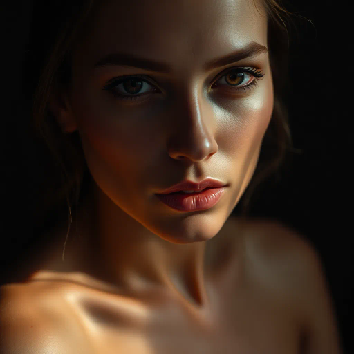 intimate portrait, cinematic lighting, chiaroscuro, soft textures, emotional depth, Vermeer-inspired, modern realism, vibrant skin tones, dramatic shadows, alluring gaze, sensual composition, narrative storytelling, warm undertones, high detail, evocative mood, contemporary beauty, human form, studio photography, classical elegance, dynamic framing