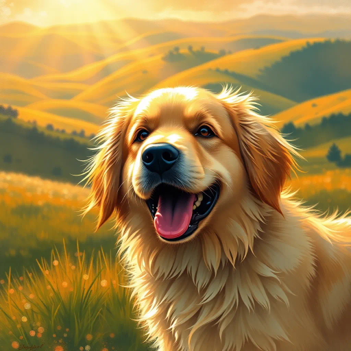 fluffy golden retriever, joyful expression, sunlight streaming, vibrant colors, rolling hills, impressionist brushwork, John Singer Sargent, Thomas Kinkade inspiration, intricate detail, dynamic movement, playful energy, cheerful mood, golden radiance, lifelike fur detail, soft focus, atmospheric perspective, nature's harmony, rich textures, warm tones, emotive gaze, morning dew, lush background, natural setting, idyllic scenery, contemporary realism, pastoral, friendly demeanor