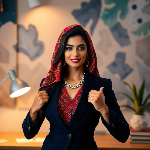 elegant arab woman, empowered, modern workspace, vivid colors, intricate geometric patterns, middle-eastern influences, soft ambient lighting, professional attire, abstract background, cultural richness, Henri Matisse inspiration, dynamic composition, confident posture, smooth textures, harmonious balance, contemporary aesthetics, vibrant energy, artistic embellishments, subtle symbolism, aesthetic elegance, fluid motion, commanding presence