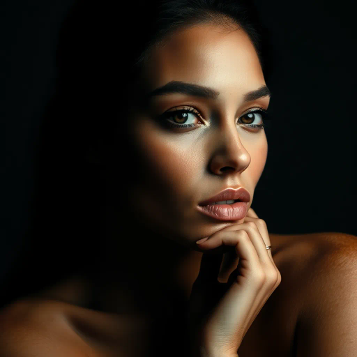 realism, sensual expression, glamour photography, chiaroscuro lighting, contemporary allure, sophisticated elegance, soft-focus lens, emotional depth, intimate portraiture, warm skin tones, alluring gaze, dynamic framing, classic beauty, studio setup, subtle textures, high-resolution detail, evocative mood, seductive charm, body positivity, cultural diversity, artistic intent, modern aesthetics, timeless appeal, expressive atmosphere, natural movement, rich contrast